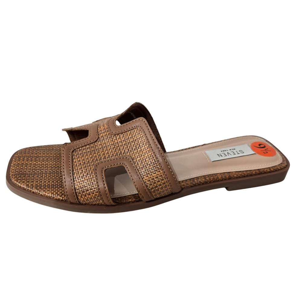 Steven NY Size 9.5 Slide Sandals Brown Woven Raffia Square Toe H-Strap #1068